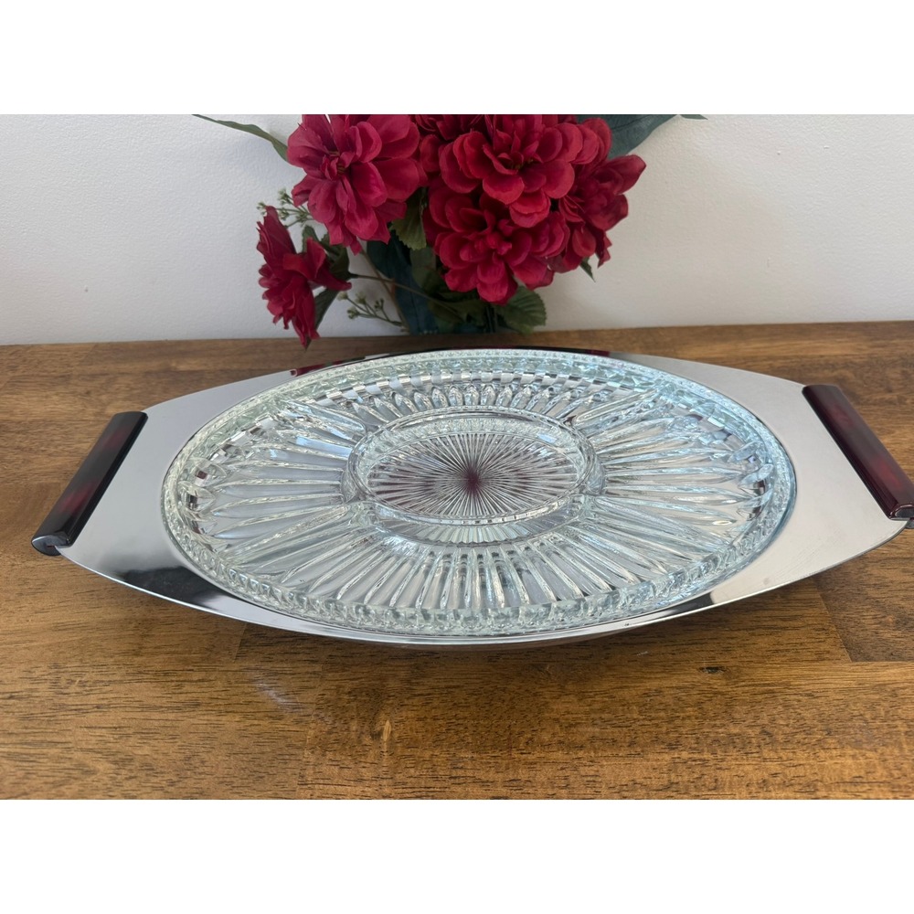 Vintage Gourmates by Glo-Hill Canada Atomic‎ Serving Tray Chrome  Ruby Red Legs